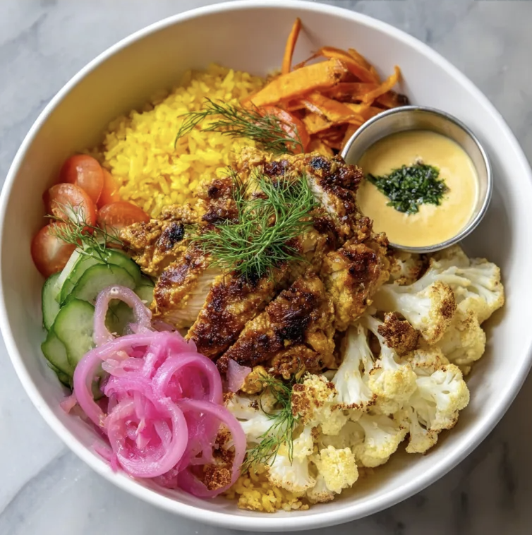 For Pros: Persian Joojeh Bowl with Joojeh Chicken, Turmeric Lemon Rice, Cauliflower, Carrot Purée, Cucumber Tomato Salad, Pickled Onion, Dill, Charred Scallion Tahini