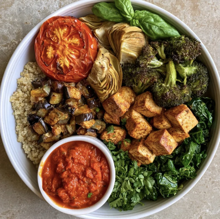 Rustic Fiber Bowl with Mediterranean Tofu, Quinoa, Broccoli, Eggplant, Tomatoes, Artichoke Hearts, Steamed Kale, Basil, Parsley, Rustic Tomato Herb Sauce