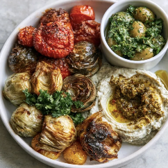 For Pros: Square Fare Plate of Roasted Tomatoes, Roasted Baby Artichokes, Baba Ghanoush, Green Olive Herb Relish