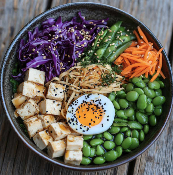 For Orca: Japanese Bowl with Edamame Noodles, Tofu & Egg, Edamame, String Beans, Purple Cabbage, Carrot, Enoki Mushrooms, Nori, and a Sesame Seed & Ginger Tamari Dressing