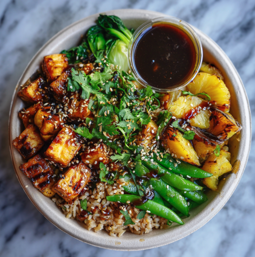 Tropical Balance Bowl with Pineapple Teriyaki Tofu, Brown Rice, Snap Peas, Steamed Boy Choy, Eggplant, Cilantro, Sesame Seeds, Tamari Pineapple Ginger Glaze