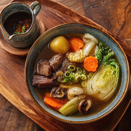 For Pros: Restorative Collagen Broth Soup with Slow Simmered Beef, Potato, Steamed Carrot, Roasted Celery, Roasted Zucchini, Steamed Cabbage, Green Onion, Pickled Mushroom