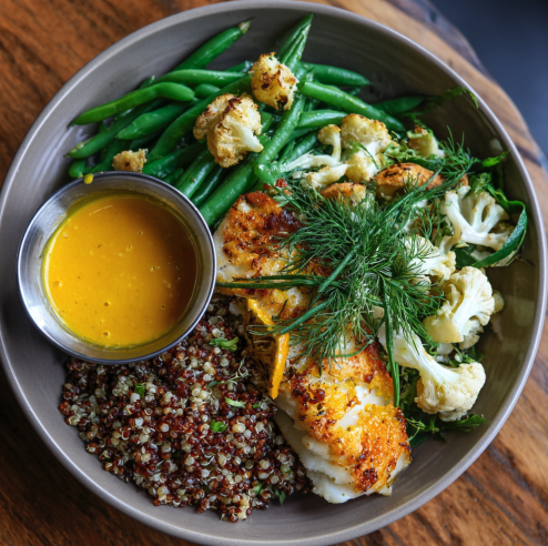 For Pros: Citrus Strength Bowl with Tumeric Orange Barramundi, Sorghum, Steamed Green Beans, Cauliflower, Fennel, Sunchoke, Dill, Turmeric Orange Vinaigrette