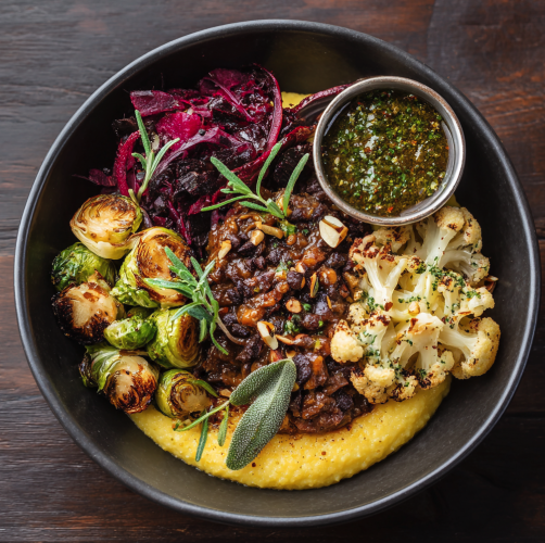 For Pros: Earthy Harvest Bowl with Mushroom & White Bean Ragu, Creamy Polenta, Brussels Sprouts, Cauliflower, Radicchio, Fennel, Crispy Sage, Hazelnut, Sage Hazelnut Pesto