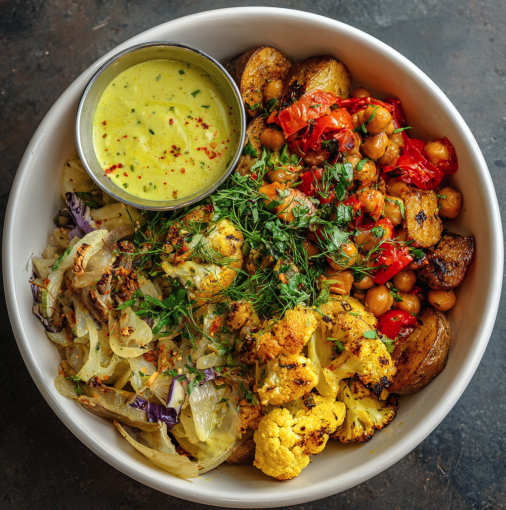 Golden Anti-Inflammatory Bowl with Spiced Tomato Chickpeas, Roasted Potato, Tumeric Cauliflower, Cabbage, Peppers, Fennel, Cashew, Lemon, Cilantro, Coconut Cilantro Curry Sauce