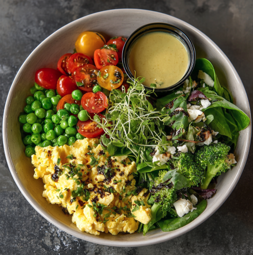 Garden Greens Bowl with Scrambled Eggs, Green Peas, Spinach, Broccoli, Cherry Tomatoes, Microgreens, Feta, Basil Champagne Vinaigrette