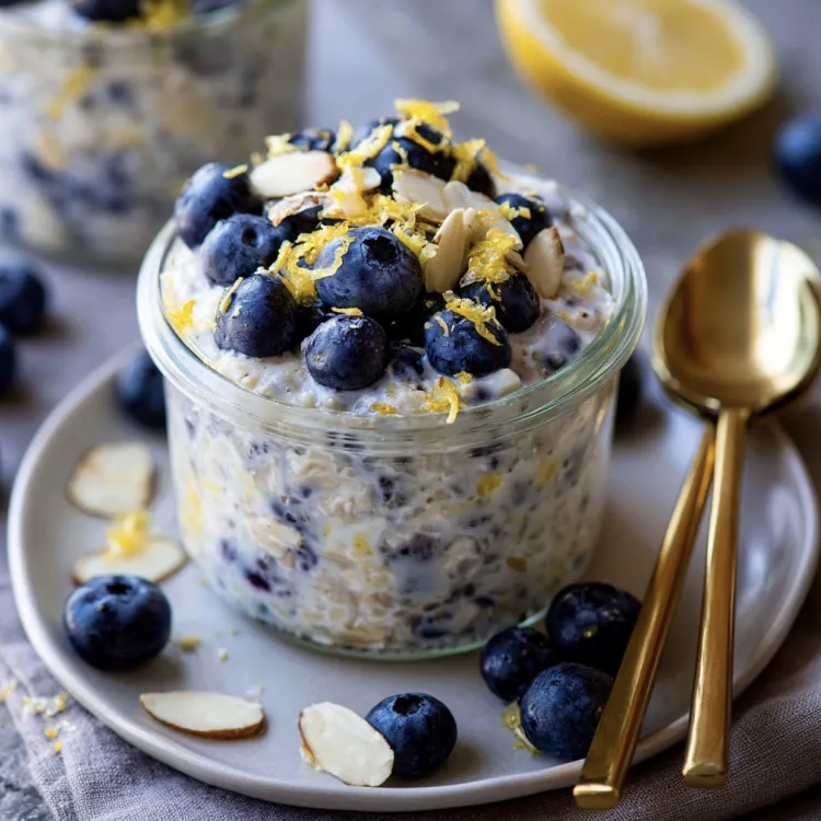 For Pros: Lemon Blueberry Overnight Oats with Fresh Blueberries, Lemon Zest, Vanilla and Sliced Almonds