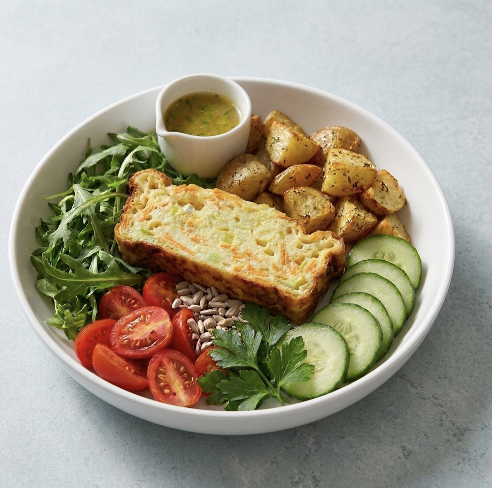 For Pros: Sunrise Nourish Bowl with Carrot & Leek Egg Bake, Roasted Herb Yukon Potatoes, Arugula, Grape Tomatoes, Cucumber, Parsley, Sunflower Seeds, Lemon Chive Vinaigrette