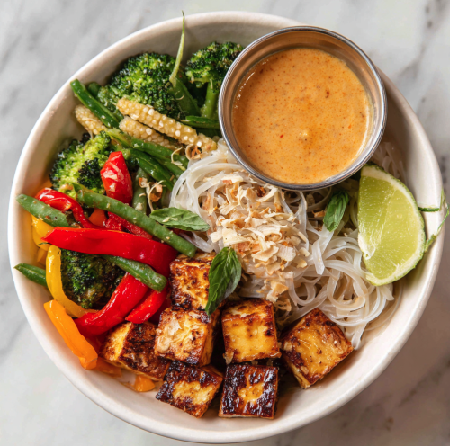 For Pros: Thai Comfort Bowl with Curry Tofu, Brown Rice Noodles, Broccoli, Green Beans, Red Peppers, Baby Corn, Thai Basil, Toasted Coconut, Lime Wedge and a Red Thai Curry Sauce