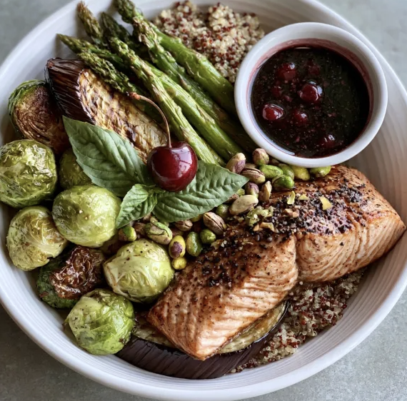 Antioxidant Cherry Bowl with Cherry Balsamic Salmon, Quinoa, Brussels Sprouts, Asparagus, Eggplant, Cherries, Pistachios, Basil, Cherry Balsamic Vinaigrette