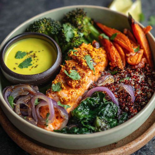 For Pros: Golden Balance Bowl with Turmeric Salmon, Red Quinoa, Roasted Broccoli, Spinach, Carrot, Cilantro, Pickled Shallots, Curry Leaf Coconut Sauce