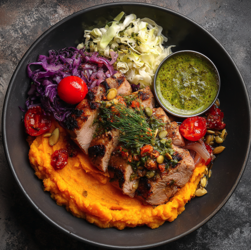 For Pros: Deep Fuel Bowl with Garlic Mojo Roasted Pork with Sweet Potato Mash, Carmelized Onions, Cherry Tomatoes, Steamed Cabbage, Dill, Pumpkin Seeds, Salsa Verde Sauce