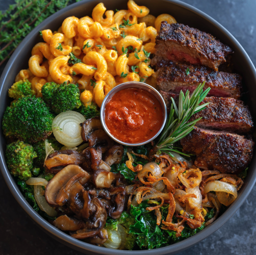 For Students: Strength & Recovery Bowl with Rosemary Steak, Butternut Squash Mac & Cheese, Onion, Broccoli, Mushrooms, Kale, Crispy Shallots, Thyme, and a Smoky Tomato–Paprika Sauce
