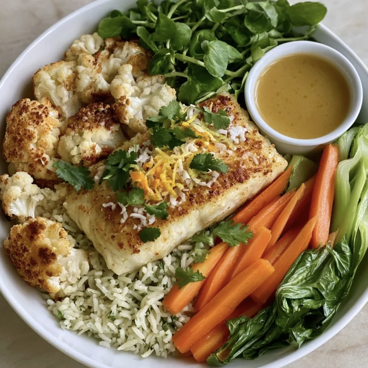 Thai Omega Bowl with Thai Coconut Lime Barramundi, Herbed Basmati, Cauliflower, Carrots, Bok Choy, Watercress, Coconut Shreds, Lime Zest, Cilantro, Coconut Lime Vinaigrette