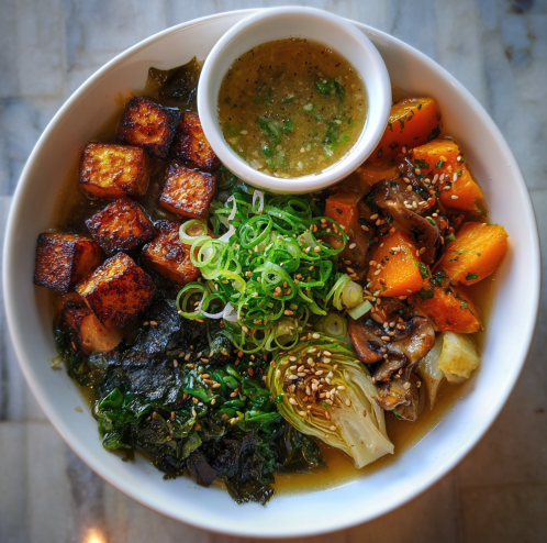 Soup Bowl with Soup-Marinated Tofu, Butternut Squash, Shiitake Mushroom, Napa Cabbage, Bok Choy, Chinese Broccoli, Scallion, Sesame, Seaweed, White Miso Broth