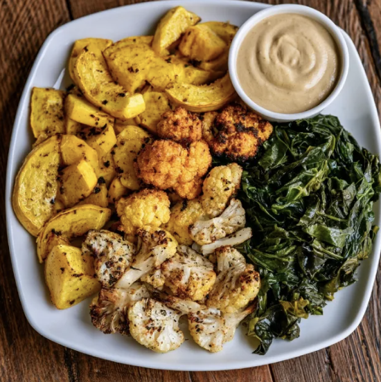 For Pros: Square Fare Plate of Roasted Yellow Squash, Roasted Cauliflower, Braised Collard Greens, Tahini Sauce