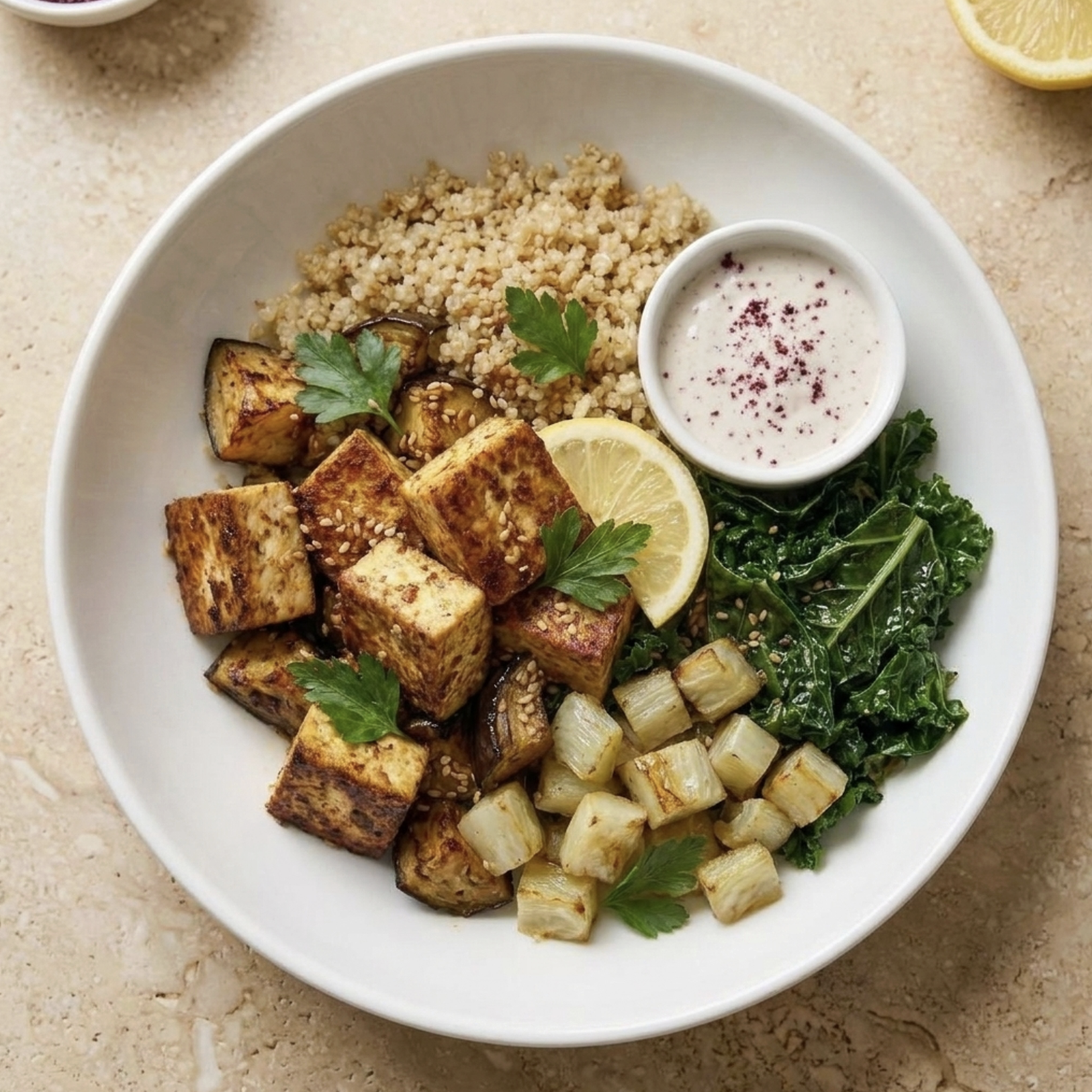 For Pros: Sumac Vitality Bowl with Shawarma Spiced Tofu, Quinoa, Roasted Eggplant, Braised Kale, Fennel, Parsley, Sesame Seeds, Lemon, Sumac Tahini Yogurt