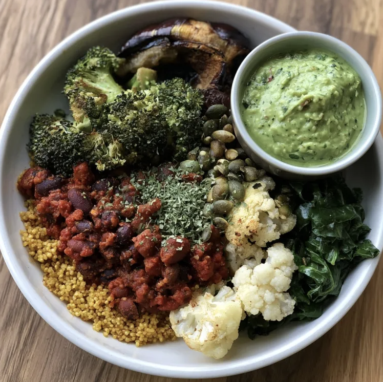 Harvest Fiber Bowl with Vegan Mixed Bean Chili, Amaranth, Broccoli, Cauliflower, Eggplant, Steamed Kale, Oregano, Pepitas, Avocado Green Goddess Sauce