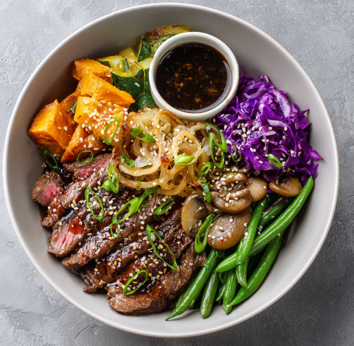 Bulgogi Strength Bowl with Bulgogi Steak, Roasted Sweet Potato, Green Beans, Caramelized Onion, Shiitake, Shredded Napa Cabbage, Sesame seeds, Scallions, Bulgogi Sauce