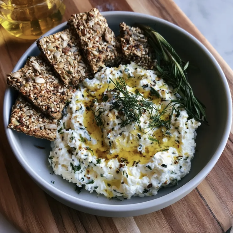 For Pros: 8 oz High Protein Cottage Cheese with Herb Oil Ramps and Homemade Seed Crackers