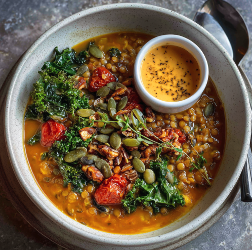 For Pros: Hearty Soup Bowl with Red Lentil & Pea Protein Soup, Sorghum, Celery, Roasted Tomatoes, Kale, Thyme, Walnuts, Pumpkin Seeds, Toasted Cumin Drizzle