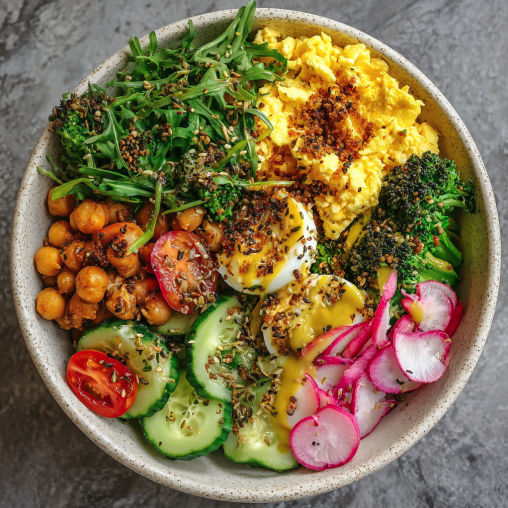 For Orca: Summer Sumac Bowl with Scrambled Eggs, Chickpeas, Cucumber & Tomato Salad, Broccoli, Arugula, Sesame Seeds, Pickled Turnips and a Sumac Lemon Dressing