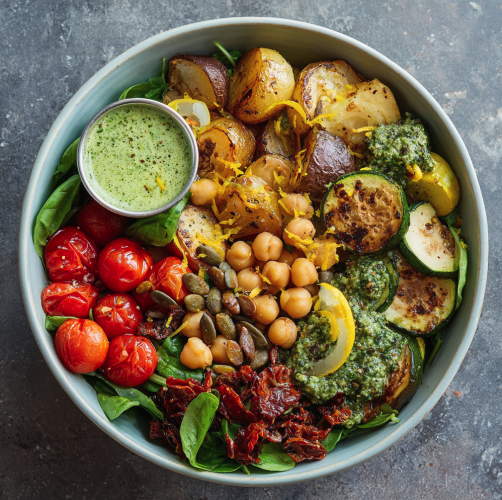 For Students: Green Renewal Bowl with Chickpeas, Roasted Potato, Zucchini, Broccoli, Cherry Tomatoes, Spinach, Pepitas, Sundried Tomatoes, Lemon Zest, and a Pepita–Basil Pesto Sauce