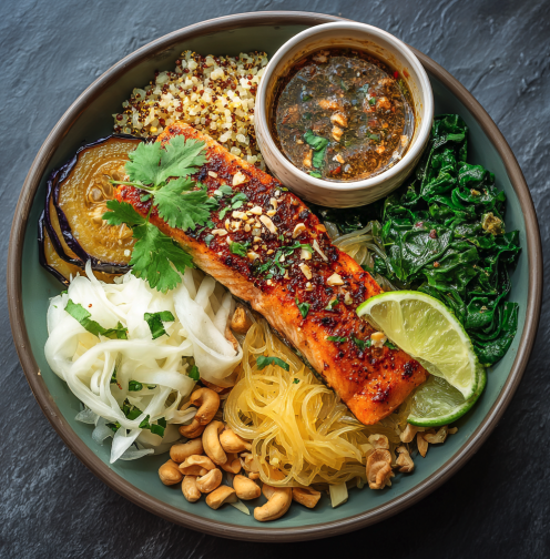 Citrus Sambal Bowl with Zesty Sambal Salmon, Quinoa, Roasted Eggplant, Steamed Cabbage, Spinach, Spaghetti Squash, Peanuts, Lime Wedge, Cilantro, Sambal Lime Sauce