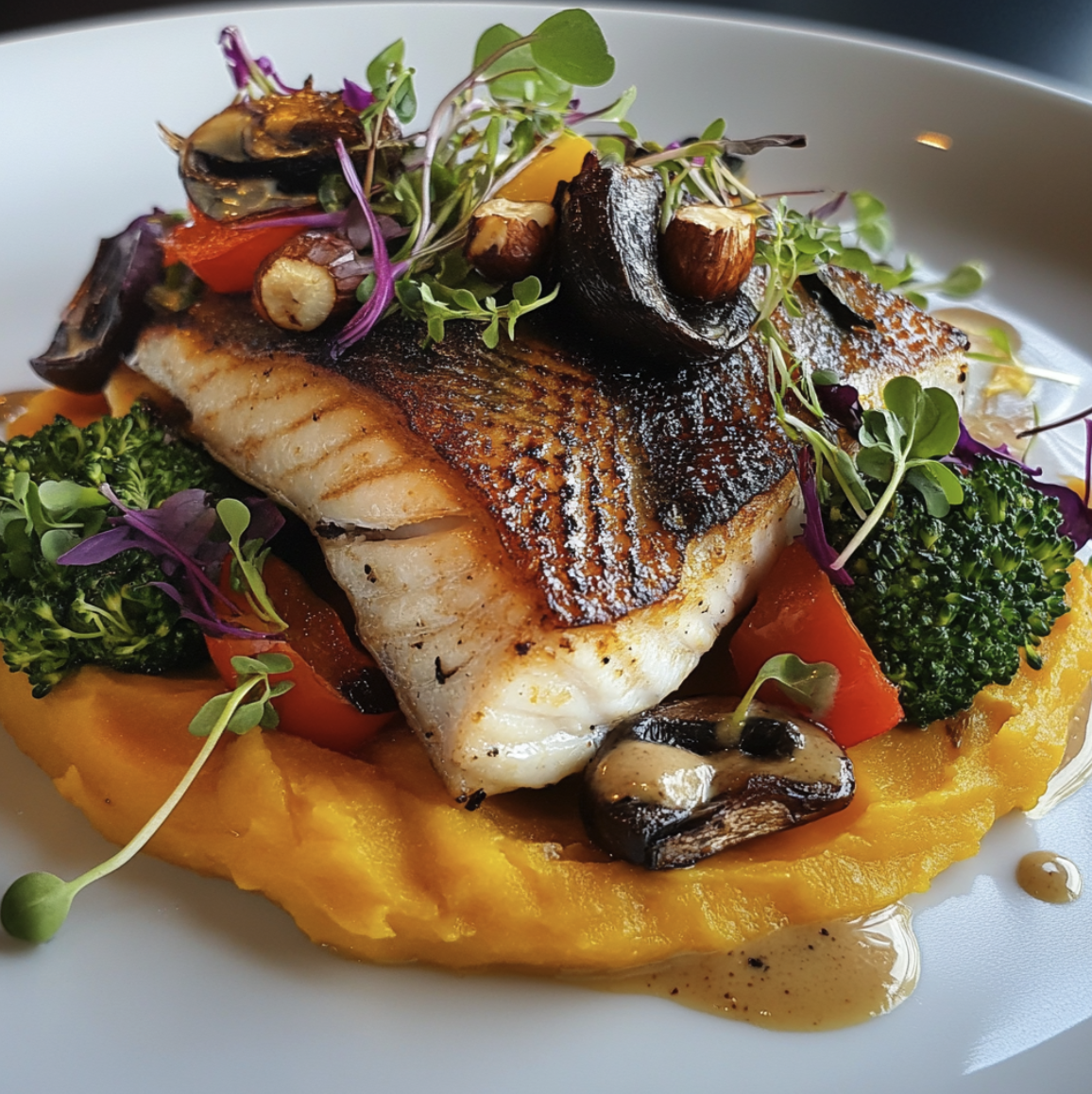 For Orca: Earth & Sea Bowl with Grilled Branzino, Roasted Butternut Squash Mash, Mustard Greens, Portobello Mushrooms, Broccoli, Red Pepper, Red Onions, Vinaigrette, Hazelnuts and Microgreens