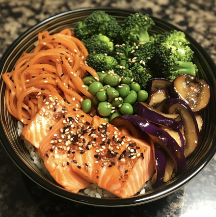 Japanese Bowl with Salmon, Japanese Eggplant, Carrots, Shiitake Mushrooms, Broccoli, Edamame Noodles, Nori and Sesame Seeds