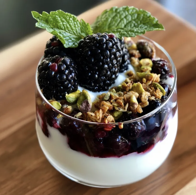 For Pros: Blackberry Lemon Greek Yogurt Parfait with Fresh Blackberries, Blueberry Compote, Homemade Lemon Poppy Seed Muesli, Toasted Pistachios and Fresh Mint