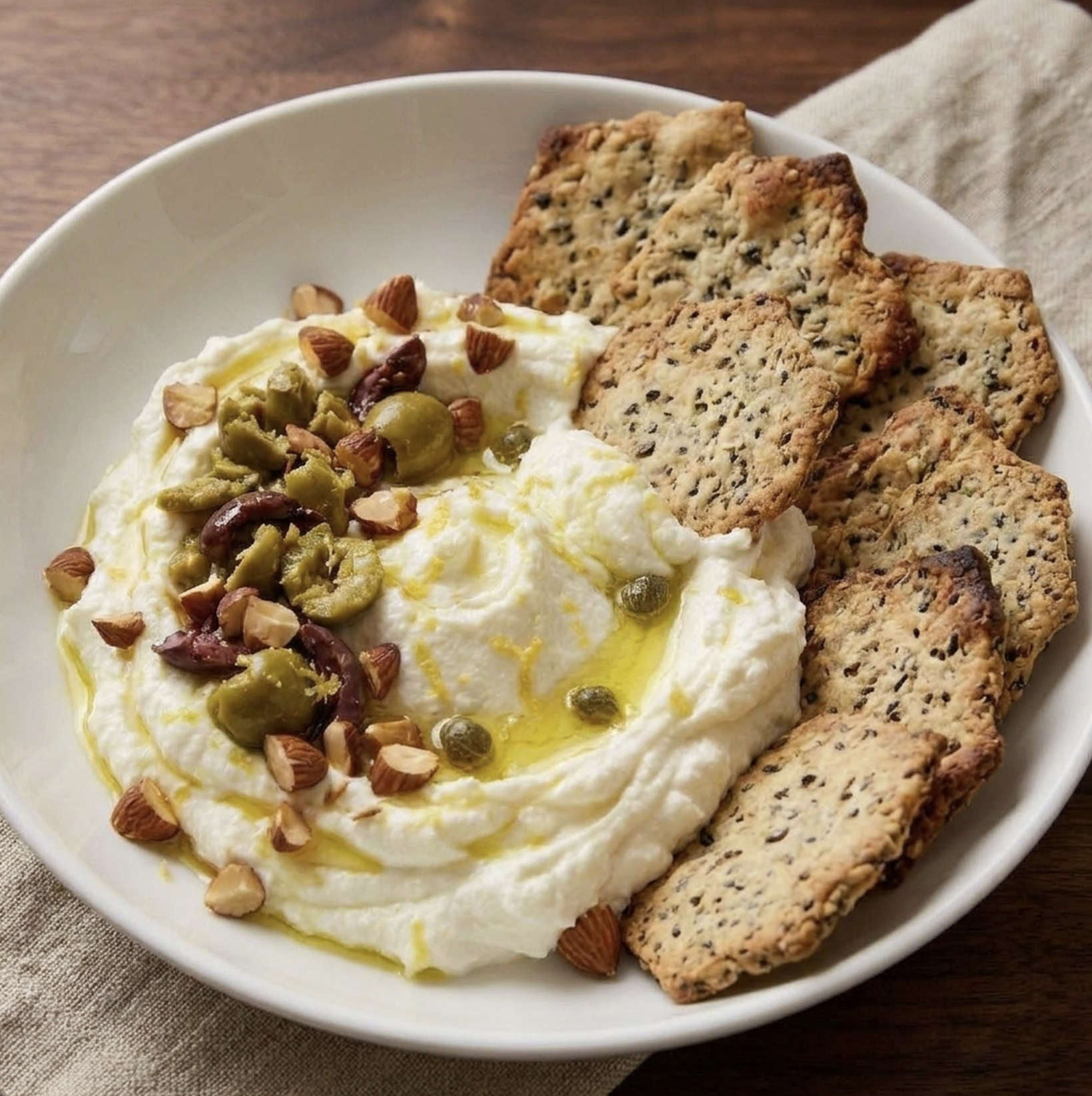8 oz Ricotta with Crushed Olives, Almonds, Olive Oil, Lemon Capers and GF Crackers