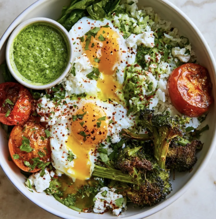 For Pros: Green Shakshuka Bowl with Shakshuka Eggs, Basmati Rice, Spinach, Roasted Tomatoes, Roasted Broccoli, Feta, Parsley, Aleppo Pepper, Green Shakshuka Sauce