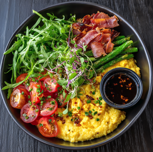 For Pros: Farmhouse Power Breakfast with Scrambled Eggs, Polenta with Tomato, Arugula, Green Beans, Cubed Roasted Ham, Microgreens, Balsamic Vinaigrette