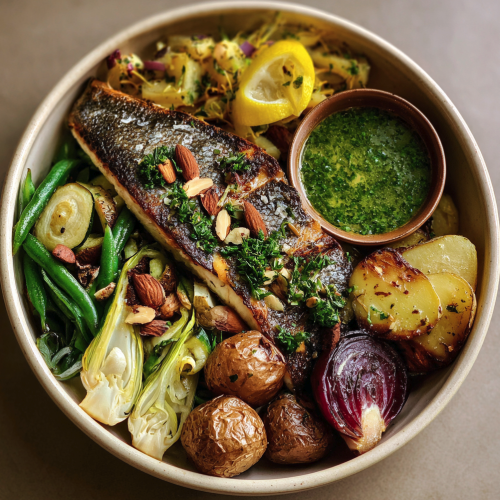 Mediterranean Herb Bowl with Seared Branzino, Roasted Potato, Roasted Fennel, Leeks, Zucchini, Green Beans, Red Onion, Tarragon–Chive Vinaigrette, Lemon Zest, Almonds, and Parsley