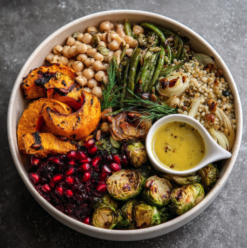 Steady Greens Bowl with Rosemary White Beans, Sorghum, Kabocha Squash, Brussels Sprouts, Green Beans, Fennel, Pine Nuts, Pomegranate, Citrus Dill Vinaigrette