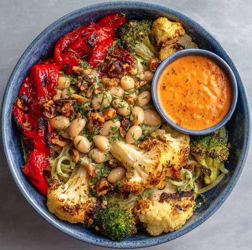 For Students: Steady Fuel Bowl with White Beans, Edamame Noodles, Roasted Cauliflower, Red Peppers, Fennel, Broccoli, Roasted Onion, Oregano, Walnuts, Capers, and a Tomato–Herb Sauce