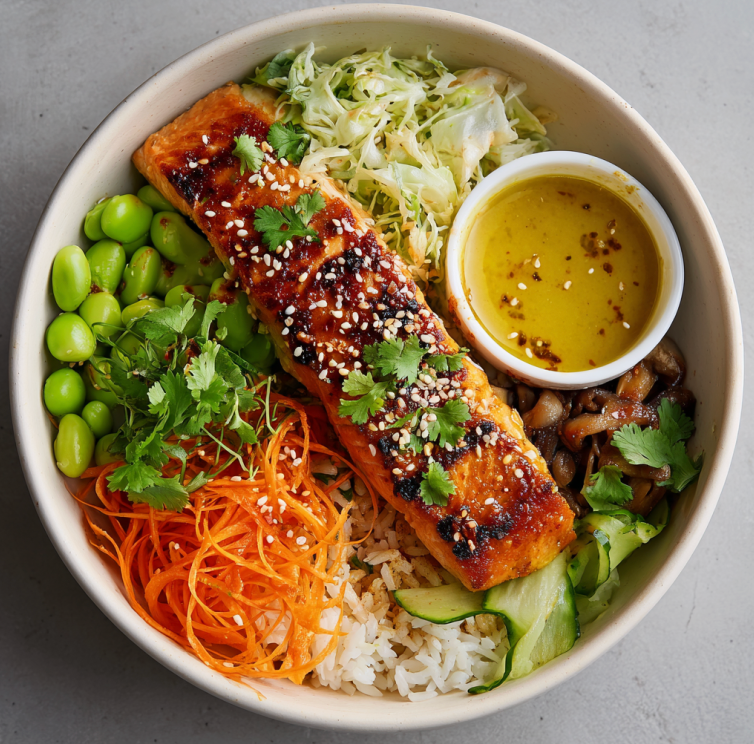 Energy Yuzu Bowl with Miso Salmon, Edamame, Brown Rice, Shiitake, Shredded Napa Cabbage, Shredded Carrots, Scallions, Sesame Seeds, Cilantro, Yuzu Sauce