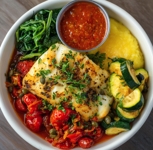 Mediterranean Heart Health Bowl with Tomato-Herb Baked Cod, Polenta, Roasted Tomatoes, Zucchini, Spinach, Capers, Fresh Parsley, Lemon Zest, Tomato Herb Sauce