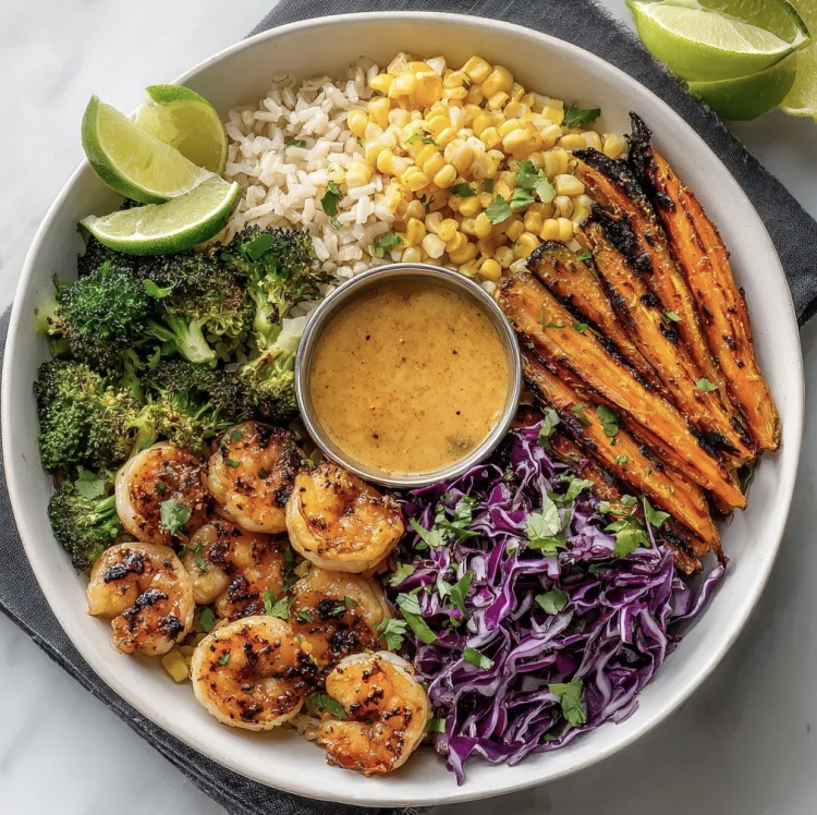 For Pros: Baja Heat Bowl with Smokey Lime Shrimp, Brown Rice, Carrots, Smoky Lime Broccoli, Shredded Cabbage, Charred Corn, Lime Wedge, Chili Lime Vinaigrette