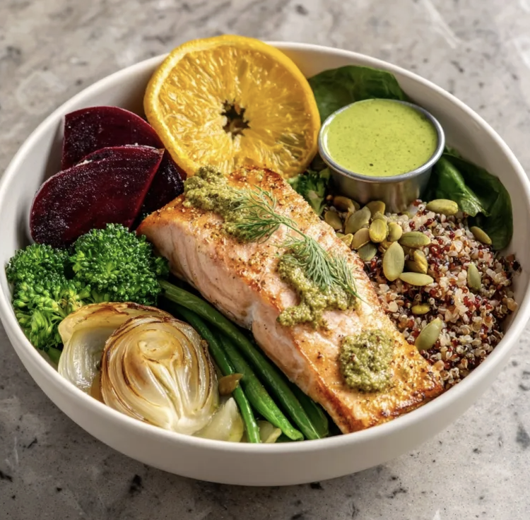 Peruvian Glow Bowl with Aji Verde Salmon, Teff, Roasted Beets, Broccoli, String Beans, Fennel, Spinach, Pepita, Orange Slice, Aji Verde
