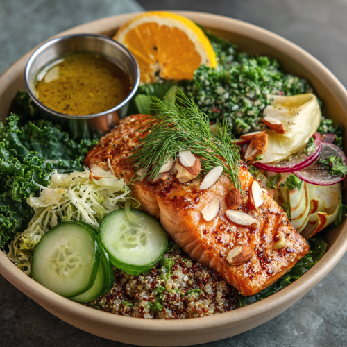 For Pros: Citrus Salad Bowl with Citrus Salmon, Quinoa, Cucumber, Brussels Sprouts, Fennel, Kale, Dill, Almonds, Orange–Fennel Vinaigrette