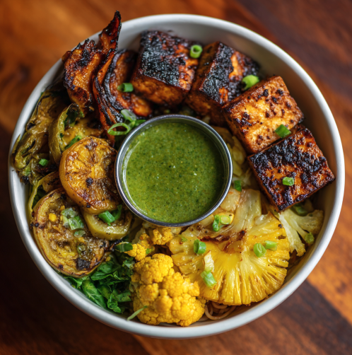 Golden Caribbean Bowl with Spiced Jerk Tofu, Plantain, Steamed Cabbage, Roasted Turmeric Cauliflower, Roasted Zucchini, Grilled Pineapple, Scallion, Scallion Herb Green Sauce