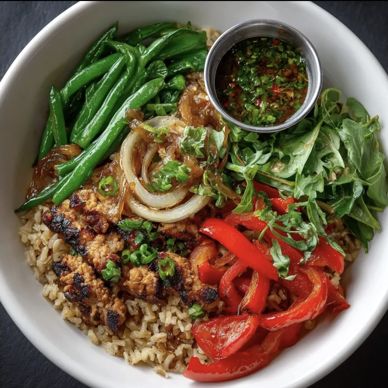 Kra Pao Bowl with Kra Pao Turkey, Brown Rice, Caramelized Onions, String Beans, Peppers, Watercress, Thai Basil, Lime, Scallion, Thai Basil Sauce