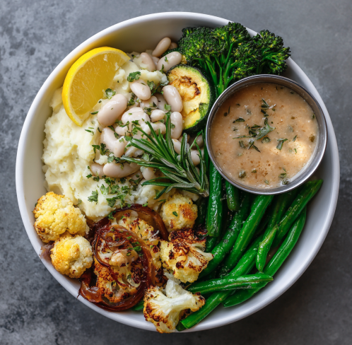 For Pros: Shroom Bean Bowl with Dill White Beans, Herby Mashed Potatoes, Green Beans, Broccolini, Zucchini, Roasted Cauliflower, Chives, Lemon Wedge, Cashew Thyme–Mushroom Sauce