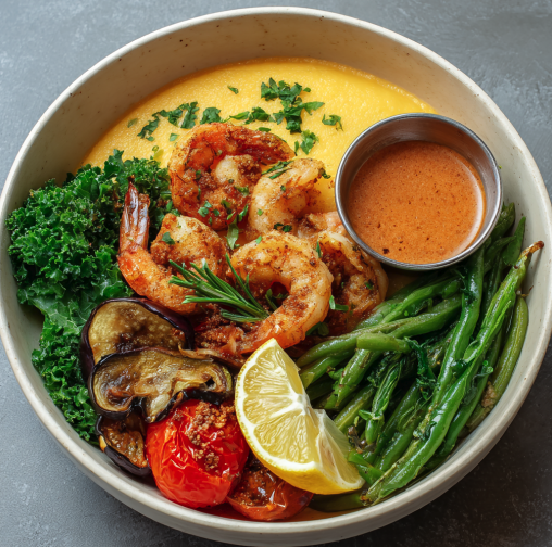 For Pros: Cajun Circulation Bowl with Creole Shrimp, Polenta, Eggplant, Roasted Green Tomato, Steamed Green Beans, Steamed Kale, Parsley, Crispy Garlic, Lemon Wedge, Creole Sauce