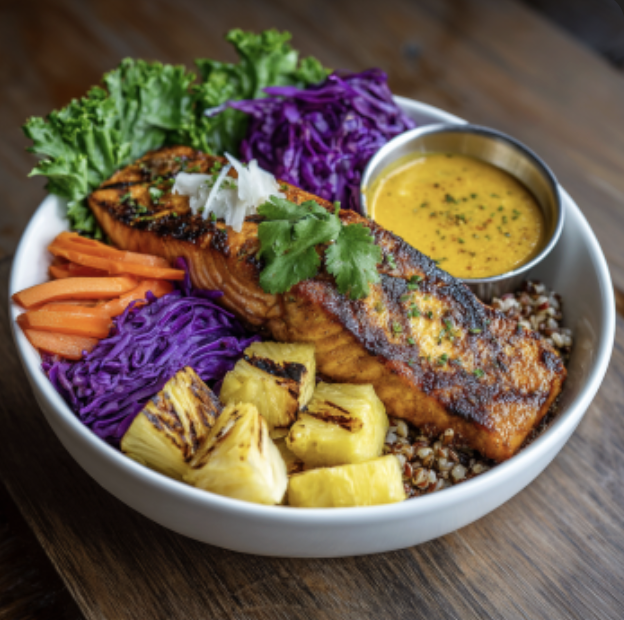 For Pros: Sunset Spice Bowl with Sunset Spice Bowl Curry Salmon, Buckwheat, Beans, Red Cabbage, Parsnip, Carrots, Grilled Pineapple, Shredded Coconut, Cilantro, Grilled Pineapple Curry Sauce