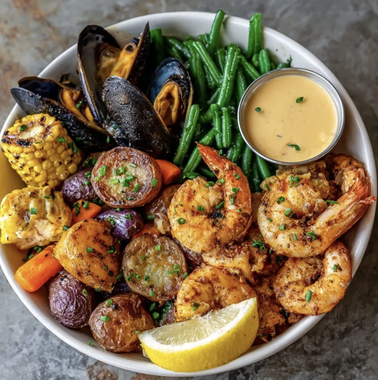 For Pros: Cajun Bayou Bowl with Cajun Seafood Boil, Roasted Potatoes, Cajun Braised Cabbage, Green Beans, Carrots, Corn, Chives, Lemon Wedge, Light Cajun Pepper Sauce