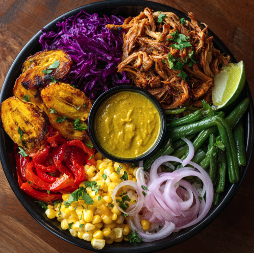 Caribbean Glow Bowl with Mojo Shredded Pork, Roasted Sweet Plantains, Green Beans, Caramelized Onions, Bell Peppers, Red Cabbage Slaw, Corn, Cilantro, Pickled Onions, Mojo Sauce