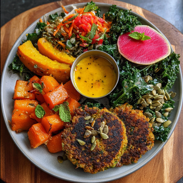 For Pros: Ginger Power Bowl with Broccoli Lentil Patty, Butternut Squash, Kale, Shaved Fennel, Roasted Carrots, Watermelon Radish, Mint, Toasted Pumpkin Seeds, Ginger Citrus Vinaigrette